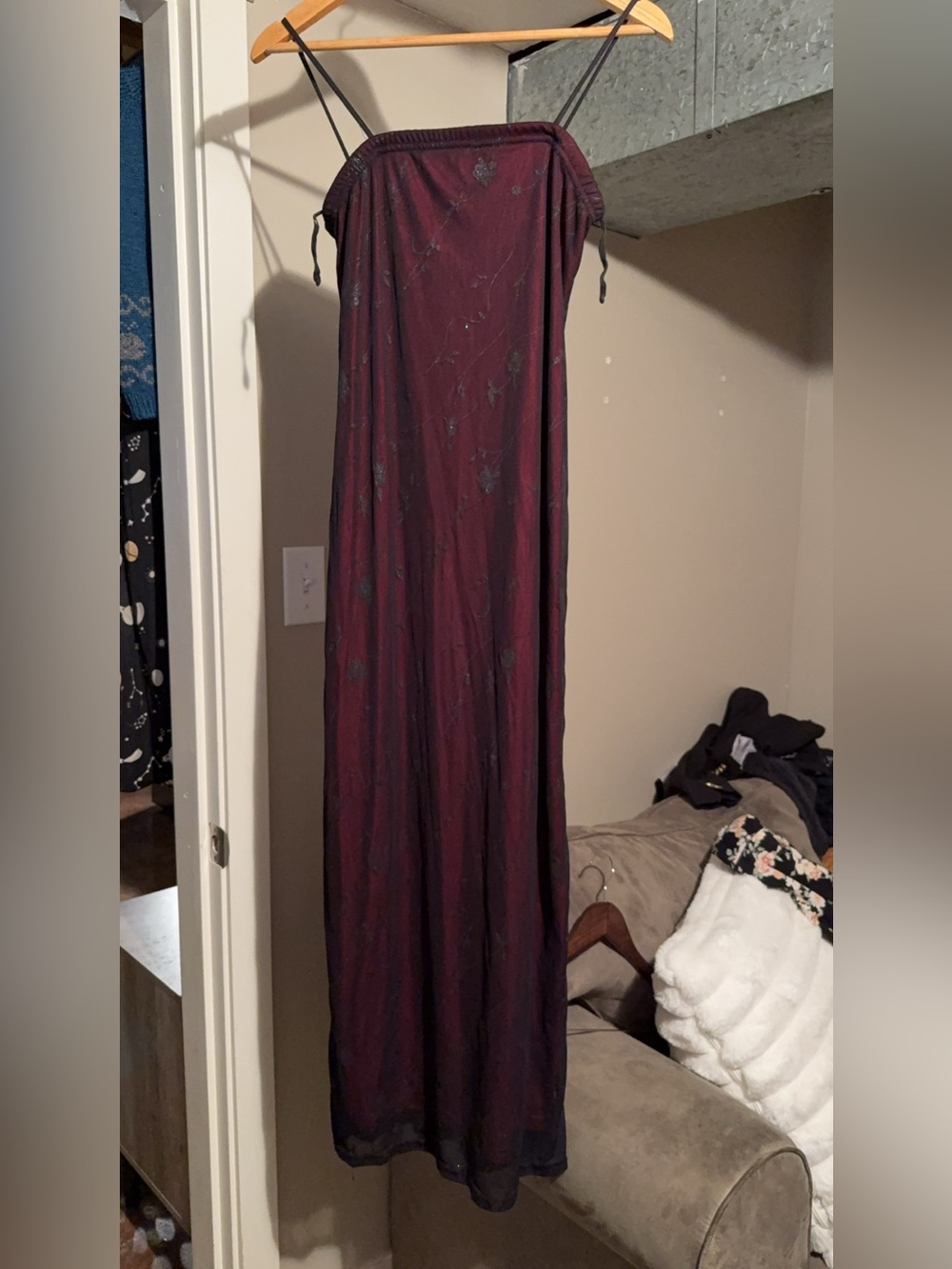 Flowing Burgundy Floral Maxi Dress with Adjustable Shoulder Ties